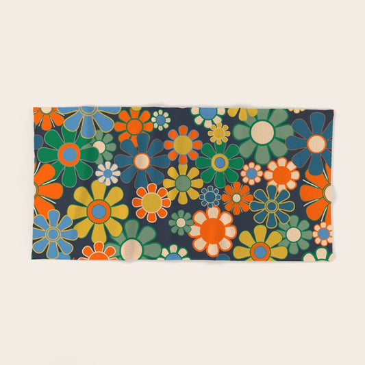 Retro Floral 60s 70s Garden Flowers Pattern Blue Green Orange Mustard Bath Towel Gallery Image 2