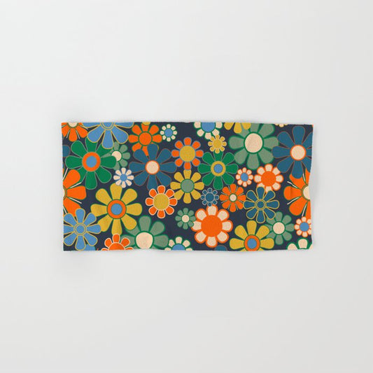 Retro Floral 60s 70s Garden Flowers Pattern Blue Green Orange Mustard Bath Towel Gallery Image 1