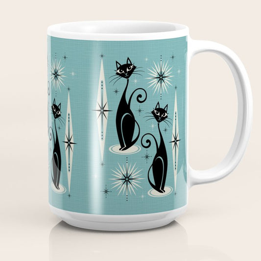 Mid Century Meow Retro Atomic Cats on Blue Coffee Mug Gallery Image 2