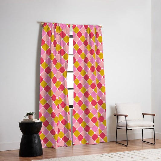 Checkered Geometric Shapes - Pink, Red, Yellow Window Curtain Gallery Image 2