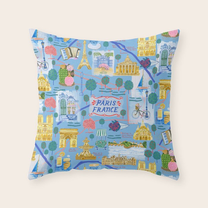 Paris France Map Illustration & Pattern in Blue Throw Pillow Gallery Image 6