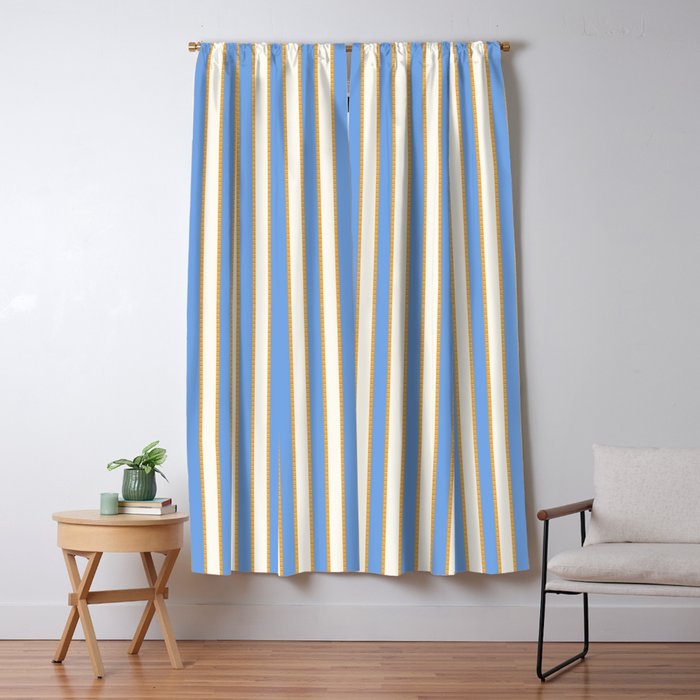 Vintage Cabana Stripe Pastel Blue And Gold Retro Coastal Beach Vibe Window Curtain Gallery Image 1