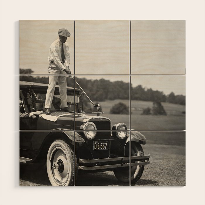 Golfer Teeing Off on Top of Car, Black and White, Old Photo, Vintage Golf Art Wood Wall Art Gallery Image 1