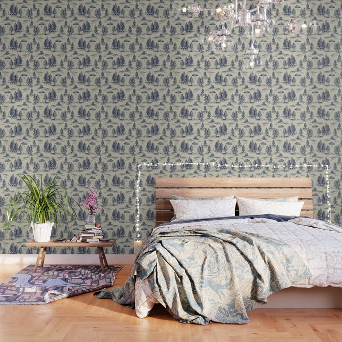 Alien Abduction Toile De Jouy Pattern in Blue Wallpaper Gallery Image 1