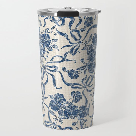 Chic Modern Vintage Ivory Navy Blue Floral Pattern Travel Mug Gallery Image 1