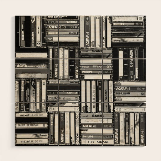 Music Cassette Stacks - Black and White - Something Nostalgic IV #decor #society6 #buyart Wood Wall Art Gallery Image 1