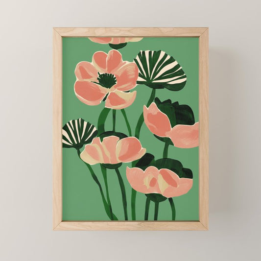 Coral Poppies on Green Mini Art Print Gallery Image 1