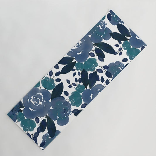 Watercolor navy blue mauve green blue roses flowers Yoga Mat Gallery Image 1