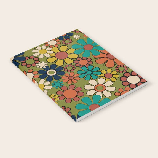 Groovy Floral Retro Garden 60s 70s Flower Pattern in Muted Vintage Mid Century Mod Colors on Olive Notebook Gallery Image 1