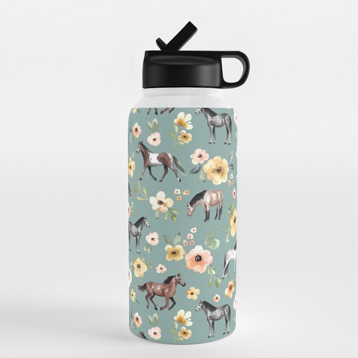 Horses and Sunrise Blue Floral, Horse Love, Wild Horses, Yellow and Pink Flowers Water Bottle Gallery Image 4