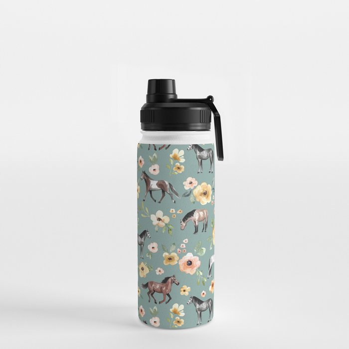 Horses and Sunrise Blue Floral, Horse Love, Wild Horses, Yellow and Pink Flowers Water Bottle Gallery Image 2