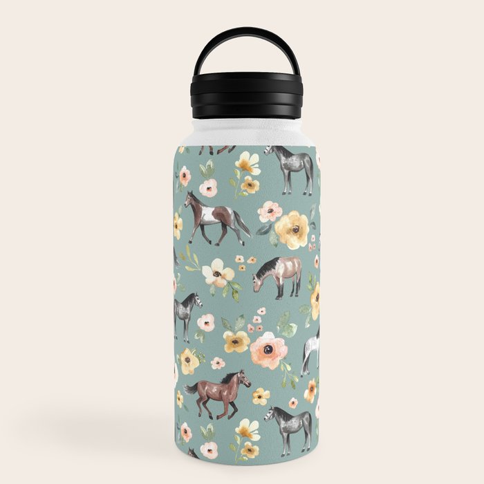Horses and Sunrise Blue Floral, Horse Love, Wild Horses, Yellow and Pink Flowers Water Bottle Gallery Image 6