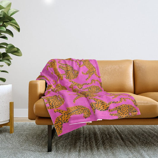 Abstract leopard with red lips illustration in fuchsia background Throw Blanket Gallery Image 1