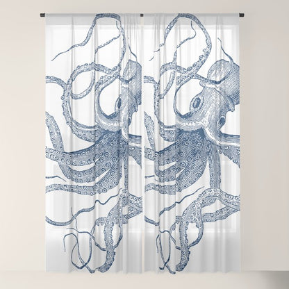 Blue nautical vintage octopus illustration Window Curtain Gallery Image 22