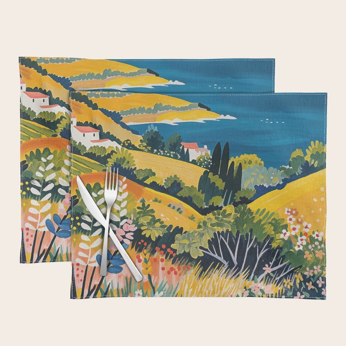 Vibrant Mediterranean Coast Painting in Matisse Style with Blooming Flowers and Blue Waters Placemat Gallery Image 2
