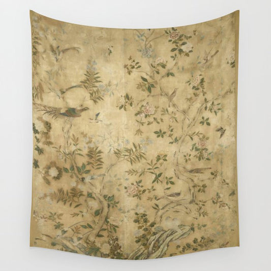 Antique 18th Century Chinoiserie Golden Garden Fresco 1740 Wall Tapestry Gallery Image 1