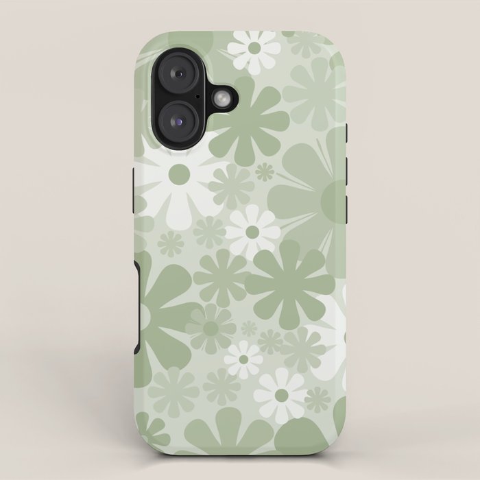 Retro 60s 70s Aesthetic Floral Pattern in Pretty Pastel Sage Green iPhone Case Gallery Image 1