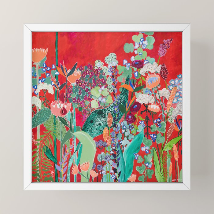 Red floral Jungle Garden Botanical featuring Proteas, Reeds, Eucalyptus, Ferns and Birds of Paradise Mini Art Print Gallery Image 4
