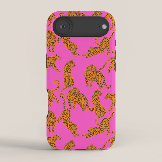 Abstract leopard with red lips illustration in fuchsia background iPhone Case Gallery Image 2