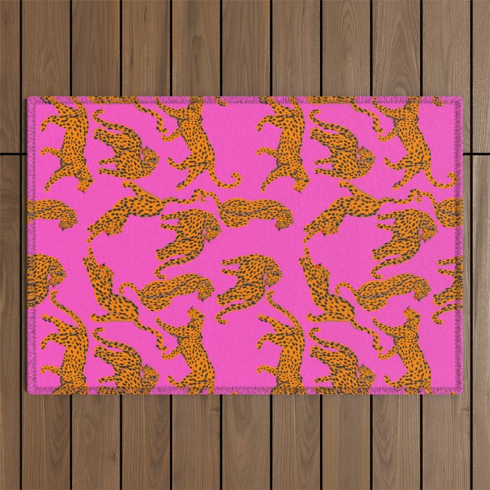 Abstract leopard with red lips illustration in fuchsia background Outdoor Rug Gallery Image 1
