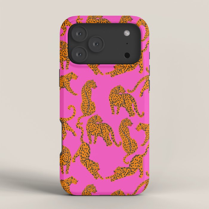 Abstract leopard with red lips illustration in fuchsia background iPhone Case Gallery Image 4