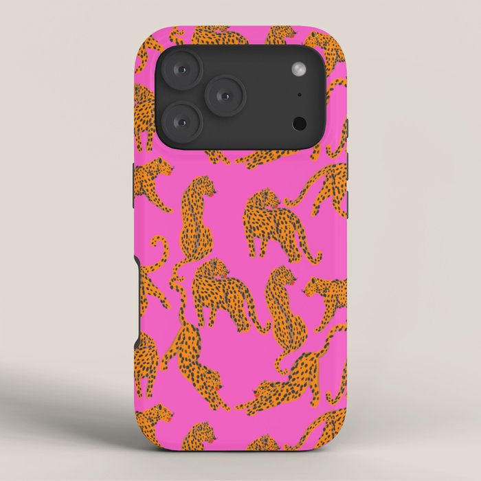 Abstract leopard with red lips illustration in fuchsia background iPhone Case Gallery Image 3