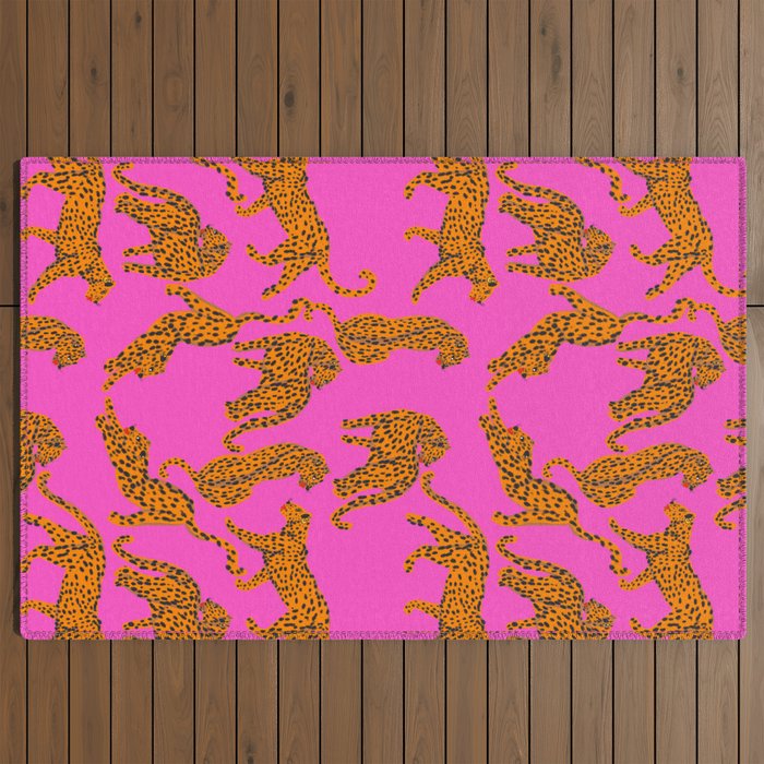 Abstract leopard with red lips illustration in fuchsia background Outdoor Rug Gallery Image 2