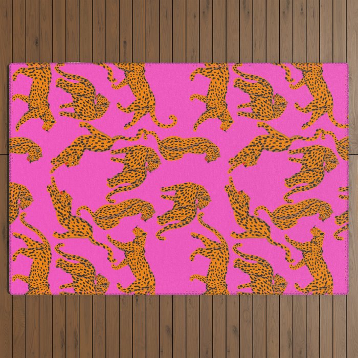 Abstract leopard with red lips illustration in fuchsia background Outdoor Rug Gallery Image 3