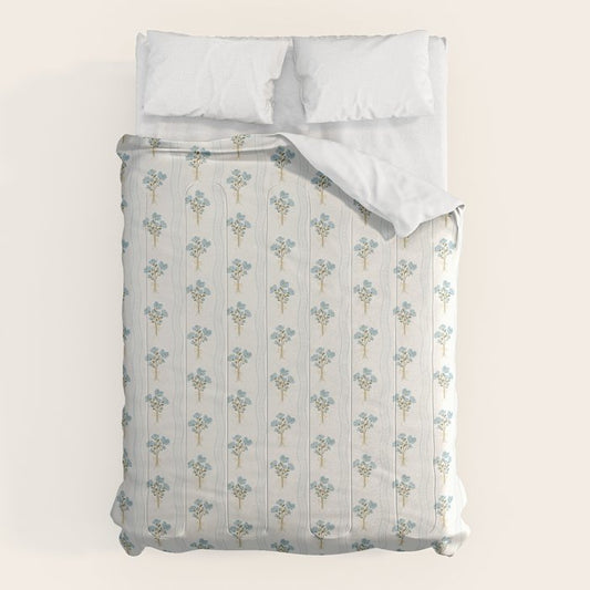 Delicate floral bouquets with vertical stripes - light blue peacock and moss green flowers pattern Comforter Gallery Image 1