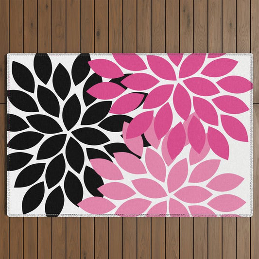Bold Colorful Hot Pink Black Dahlia Flower Burst Petals Outdoor Rug Gallery Image 2