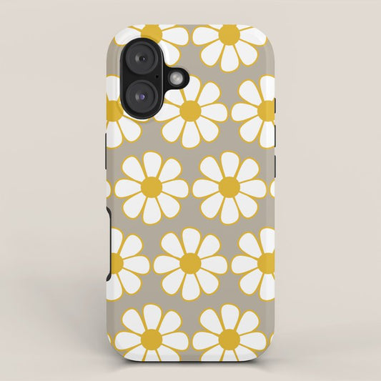 Cheerful Retro Daisy Floral Pattern in Mustard Gold and Gray iPhone Case Gallery Image 1