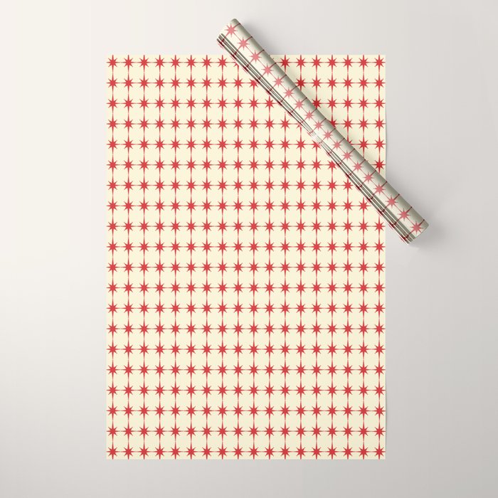 Mid Century Modern Atomic Stars Grid in Retro Christmas Red and Cream Wrapping Paper Gallery Image 1
