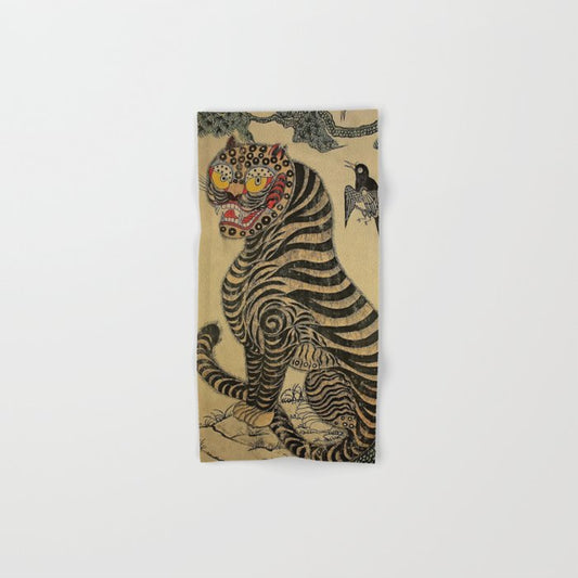 Striped Vintage Minhwa Tiger and Magpie Bath Towel Gallery Image 1