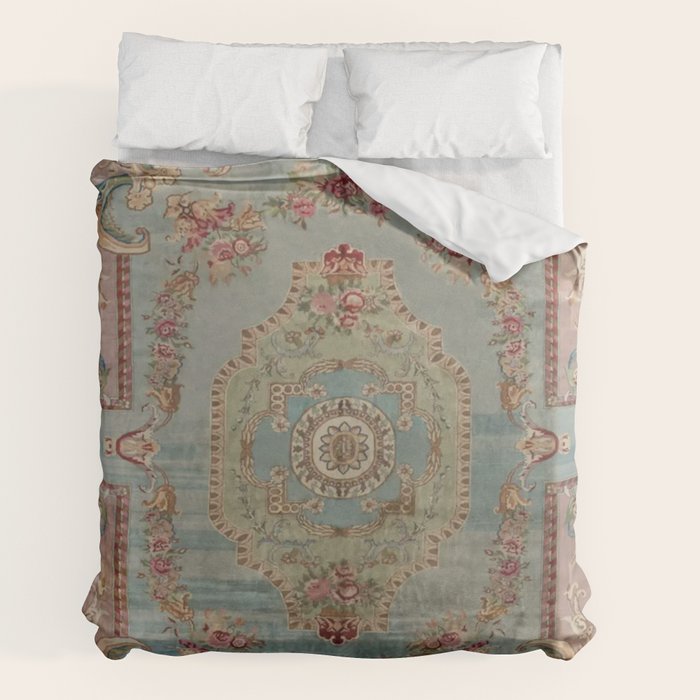 Antique French Rose Blue Aubusson Duvet Cover Gallery Image 2