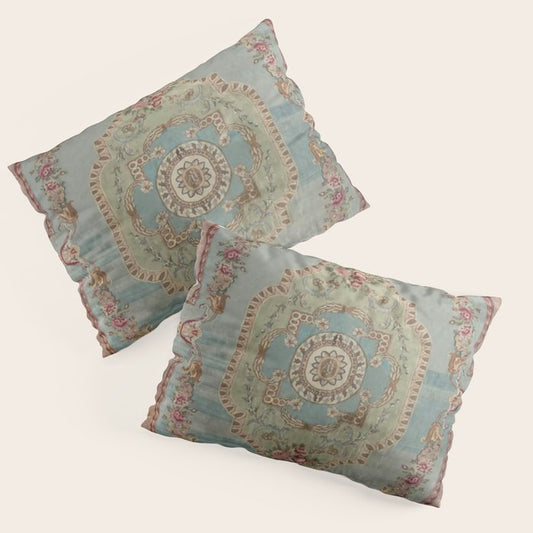 Antique French Rose Blue Aubusson Pillow Sham Gallery Image 1
