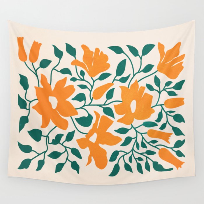 Tangerine & Pine: Matisse Flowers & Leaves Wall Tapestry Gallery Image 2