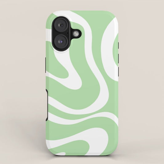 Modern Retro Liquid Swirl Abstract Pattern in Light Matcha Tea Green and White iPhone Case Gallery Image 1