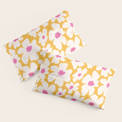 Retro Daisy - Yellow, Pink and White Pillow Sham Gallery Image 4
