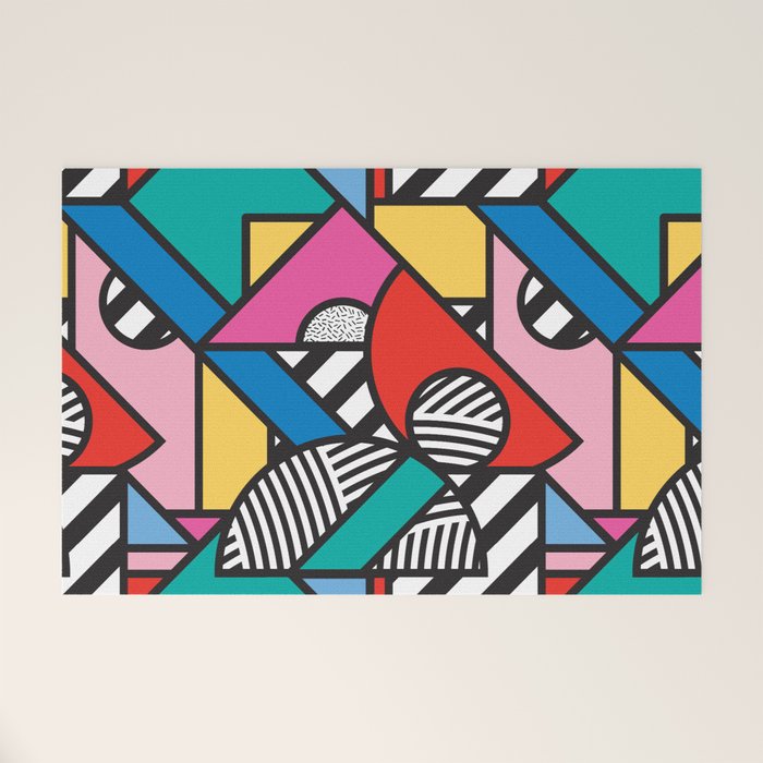 Colorful Memphis Milano Modern Geometric Shapes - 80s 90s retro electroclash pop art Aztec Welcome Mat Gallery Image 1
