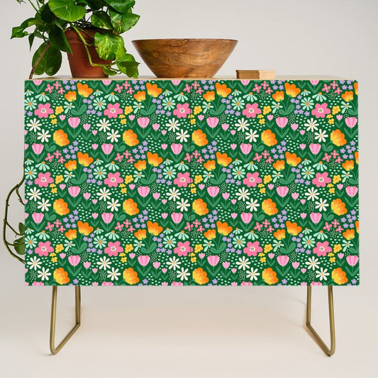Colorful vintage flower garden art pattern Credenza Gallery Image 1