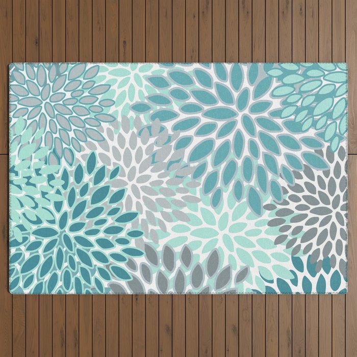 Modern, Floral Prints, Teal and Gray Outdoor Rug Gallery Image 3