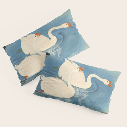 Shoson Two Geese Swimming Near Shore Antique Japanese Woodblock Print Pillow Sham Gallery Image 2