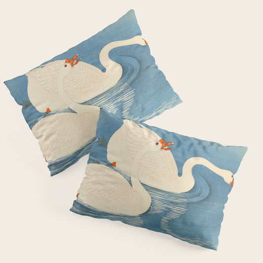 Shoson Two Geese Swimming Near Shore Antique Japanese Woodblock Print Pillow Sham Gallery Image 1