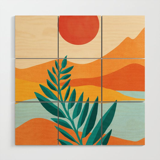 Mountain Sunset Colorful Landscape Illustration Wood Wall Art Gallery Image 2