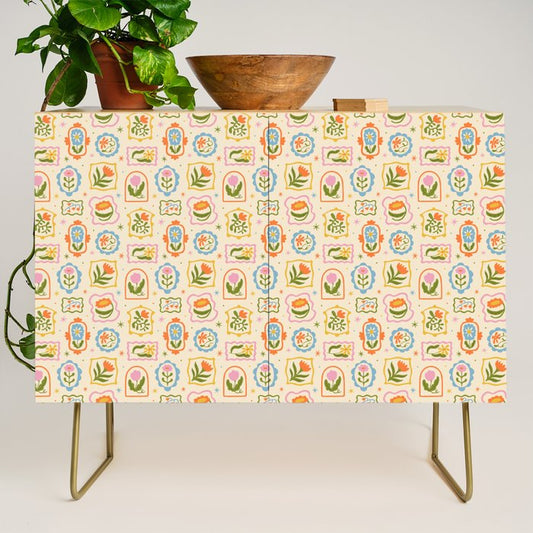 Colorful retro flower art frame art pattern Credenza Gallery Image 1