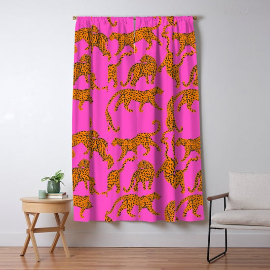 Abstract leopard with red lips illustration in fuchsia background Window Curtain Gallery Image 1