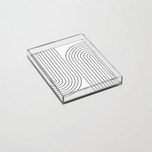 Minimal Line Curvature I Black and White Mid Century Modern Arch Abstract Acrylic Tray Gallery Image 2
