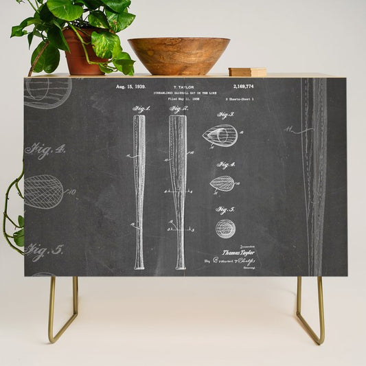 Baseball Bat Patent - Baseball Art - Black Chalkboard Credenza Gallery Image 1