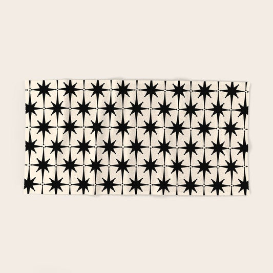 Midcentury Modern Atomic Age Starburst Pattern in Black and Almond Cream Bath Towel Gallery Image 2