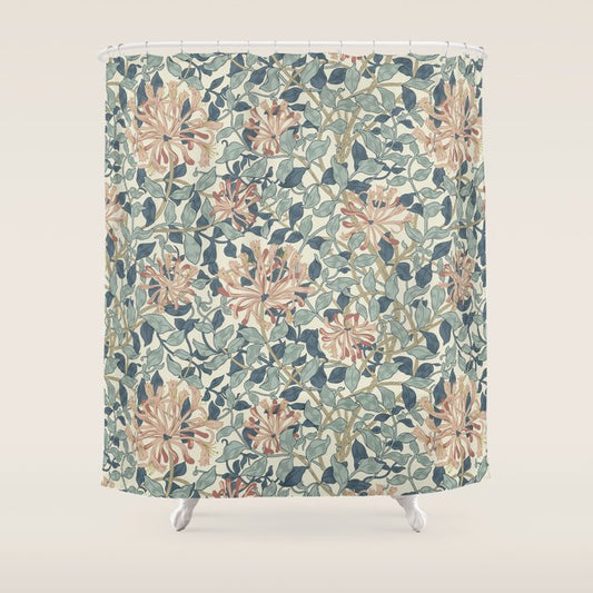 William Morris Vintage Honeysuckle Aqua Shower Curtain Gallery Image 1